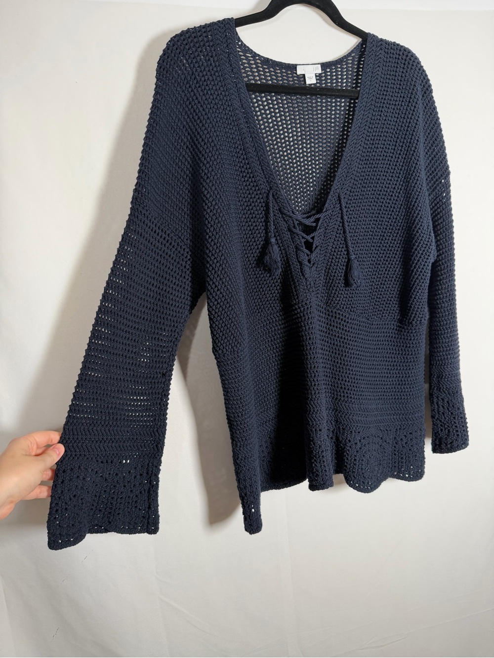 Navy Crochet Lace-Up V-Neck Flare Sleeve Sweater Dark Feminine, Fairy Grunge